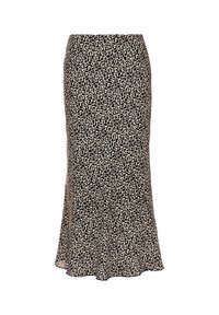 Leopardenmuster-Midikleid mit ausgestelltem Saum, aus leichtem Material in Beige- und Schwarztönen gefertigt. Glatte Textur, körperbetonter Bund.