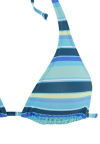 Triangelis bikini viršus mėlynos ir žalios spalvų atspalvių su horizontaliais dryžiais, turintis raukšlėtą kraštą ir reguliuojamas petnešas.