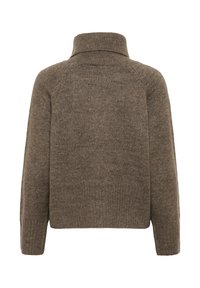 Brązowy sweter z golfem, dzianinowy, z długimi rękawami oraz prążkowanymi mankietami i dolnym wykończeniem, zaprezentowany z tyłu na białym tle.