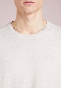 Hellgrauer, gestrickter Pullover mit rundem Ausschnitt. Der Stoff zeigt eine feine Struktur und gleichmäßige Maschen ohne sichtbare Muster oder Verzierungen.