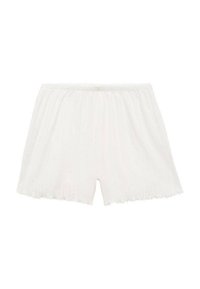 Shorts blancs plissés avec une taille élastique et un ourlet en vagues. Fabriqués en tissu léger au toucher doux, adaptés pour le confort.
