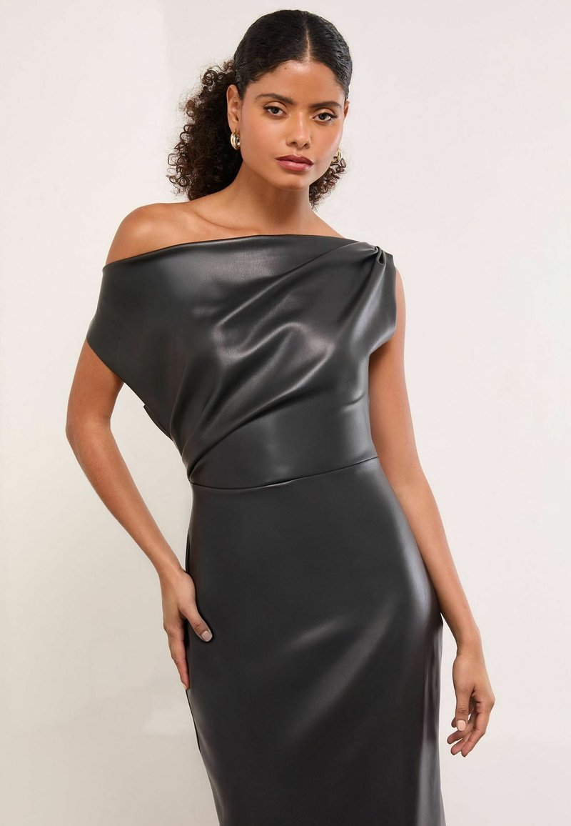 Lipsy DRAPED MIDI - Shift dress - black faux leather/black - Zalando