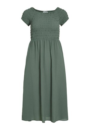 Zelené, středně dlouhé šaty z texturované látky s nařaseným živůtkem a krátkými rukávy, s obdélníkovým výstřihem a splývavou sukní.