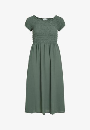 Zöld, középhosszú ruha texturált anyagból, smockolt felső résszel és rövid ujjakkal, négyzet alakú nyakkivágással és légies szoknyával.