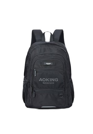 Zaino AOKING nero con molteplici scomparti con cerniera, dettagli in rete, spallacci imbottiti e un esterno in tessuto resistente. Design compatto, caratteristiche pratiche.