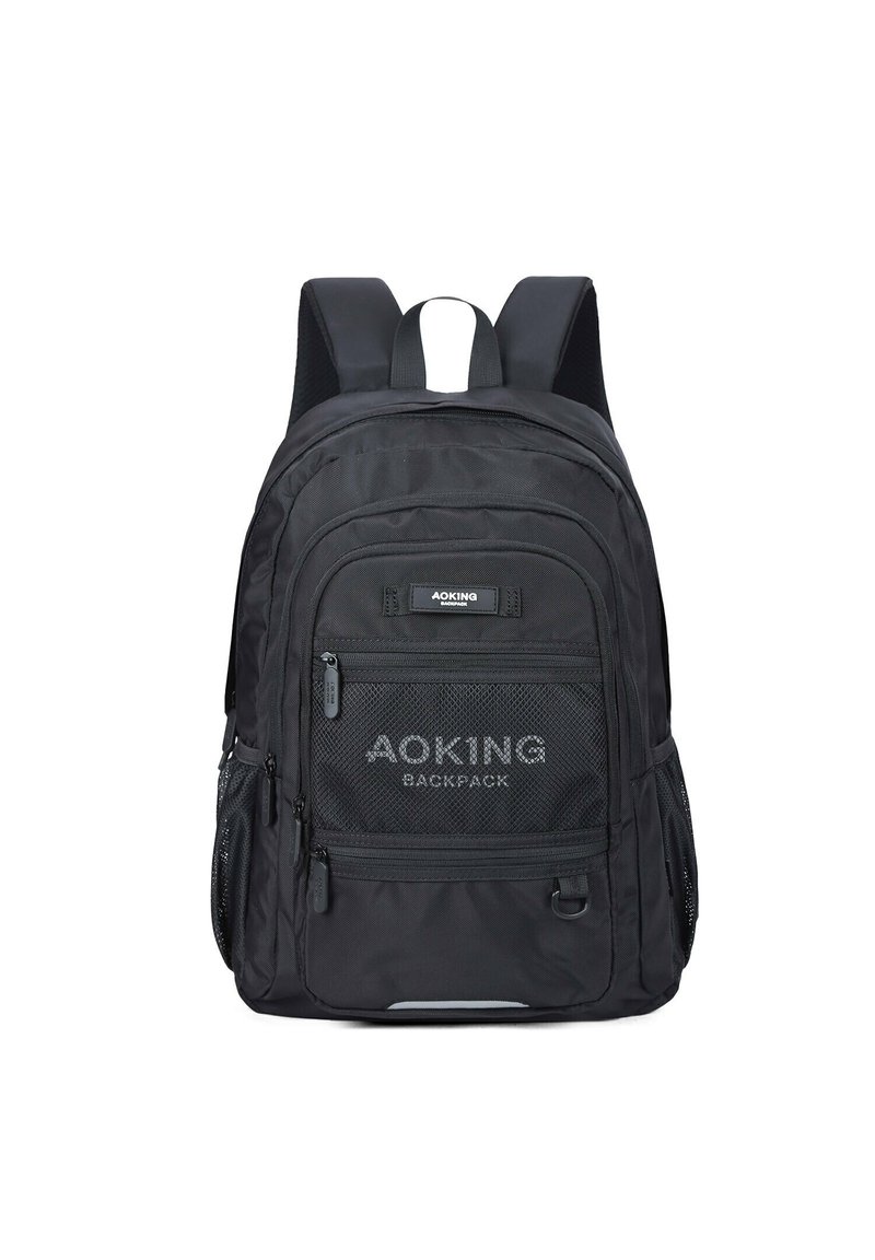 Zaino AOKING nero con molteplici scomparti con cerniera, dettagli in rete, spallacci imbottiti e un esterno in tessuto resistente. Design compatto, caratteristiche pratiche.