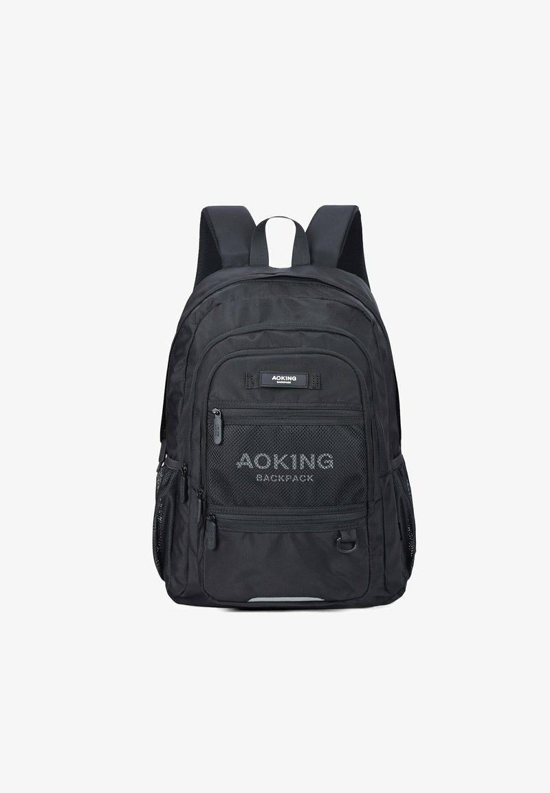 Sac à dos AOKING noir avec de multiples compartiments zippés, des accents en mesh, des bretelles rembourrées et un extérieur en tissu solide. Conception compacte, fonctionnalités pratiques.