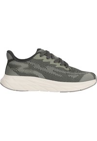 Sportliche Sneakers mit einem leichten Obermaterial aus grauem und grünem Mesh, strukturiertem Muster und einer dicken weißen Sohle. Schnürsenkel in passendem Dunkelgrau.