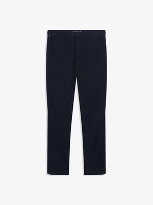 Marineblaue Baumwollchinos mit geradem Bein, ausgestattet mit einem Reißverschluss, Gürtelschlaufen und Fronttaschen. Glatte Textur und klassisches Design.