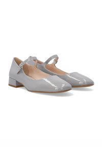 Grijze gepatineerde leren Mary Jane-schoenen met een ronde neus, enkelbandje en een lage blokhak. Glad textuur met een glanzende afwerking.