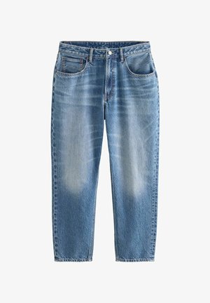 Hellblaue Denim-Jeans mit geradem Bein, abgeblassten Stellen, fünf Taschen und einem Knopfverschluss am Bund.