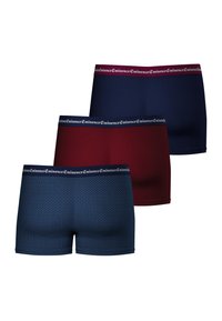 Trois paires de caleçons en marine, bourgogne et un motif à pois bleu marine. Tissu doux avec une ceinture contrastante marquée "Eminence."