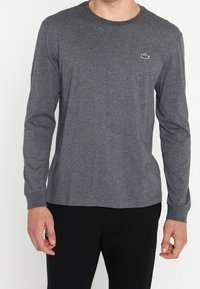 Graues Langarm-T-Shirt aus weicher Baumwolle mit rundem Ausschnitt und kleinem grünem Krokodil-Logo auf der linken Brust.