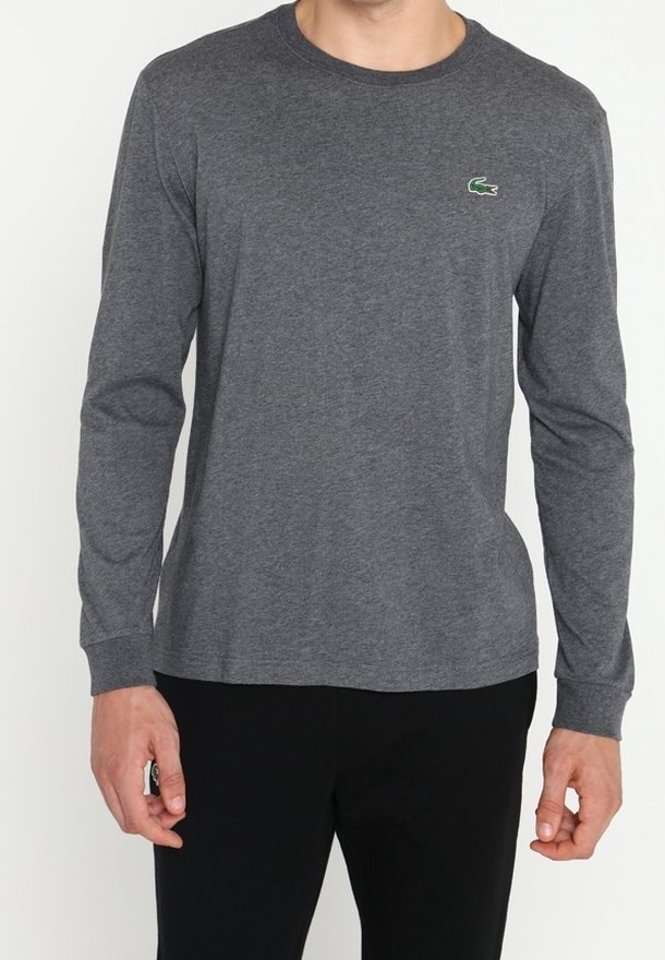 Graues Langarm-T-Shirt aus weicher Baumwolle mit rundem Ausschnitt und kleinem grünem Krokodil-Logo auf der linken Brust.