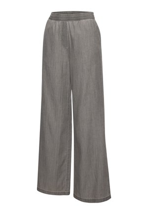 Gray wide-leg pants with elastic waistband, side pockets, and subtle vertical texture, displayed against a white background.