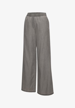 Graue Hose mit weitem Bein, elastischem Bund, Seitentaschen und feiner senkrechter Struktur, präsentiert vor weißem Hintergrund.