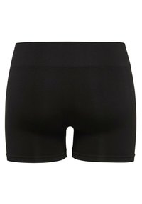 Schwarze Shorts aus glattem, elastischem Stoff mit einem breiten Bund. Das Design ist einfach und weist keine Muster oder zusätzlichen Akzente auf.