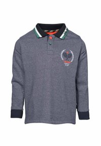 Marineblauw poloshirt met lange mouwen, een groen en wit gestreepte kraag, decoratieve knopen en tennis-thema borduursel op de borst.