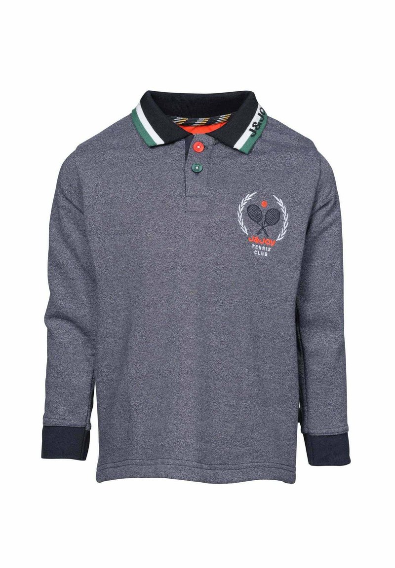 Marineblauw poloshirt met lange mouwen, een groen en wit gestreepte kraag, decoratieve knopen en tennis-thema borduursel op de borst.
