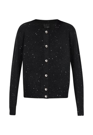 Fekete kardigán puha anyagból, kerek nyakkivágással, hosszú ujjal és gombos elülső résszel. Ez ezüstös pöttyökkel van díszítve.
