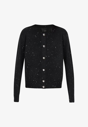 Fekete kardigán puha anyagból, kerek nyakkivágással, hosszú ujjal és gombos elülső résszel. Ez ezüstös pöttyökkel van díszítve.