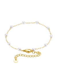 Bracciale in oro con perle bianche disposte uniformemente, dotato di chiusura a moschettone e catena di estensione per lunghezza regolabile.