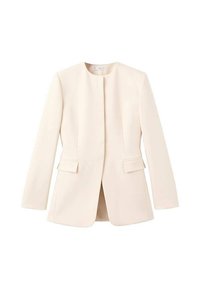 Chaqueta ajustada de un beige claro, con un diseño entallado, escote redondo y bolsillos frontales. Tejido suave con una estética minimalista.