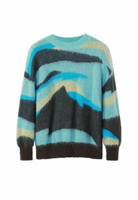 Maglione lavorato a maglia con scollo rotondo. Base azzurra chiara con motivi astratti grigio scuro e turchese, con accenti di crema. Texture morbida.