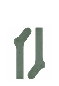 Un paio di calzini verdi mostrati appiattiti, uno con la punta arrotondata e l'altro con il bordo dritto, che evidenziano un design e una texture semplici.