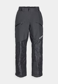 Calças de neve pretas com painéis inferiores texturizados, cintura elástica, bolsos frontais com fecho e detalhe do logótipo na lateral. Tecido durável e resistente à água.