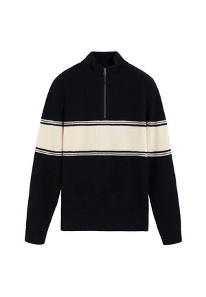 Marineblauer Strickpullover mit einem Viertel-Reißverschluss, versehen mit einem cremefarbenen horizontalen Streifen und dünnen weißen Akzentstreifen. Strukturierter Stoff und lange Ärmel.