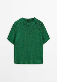 Pull en maille vert à manches courtes avec encolure ronde côtelée, poignets et ourlet, avec un motif texturé sur les épaules et les manches.