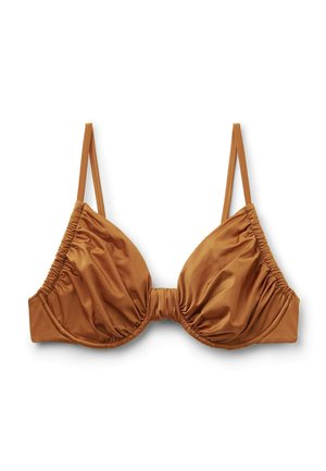 Soutien-gorge en tissu brun froncé avec armatures et fines bretelles réglables sur fond blanc.