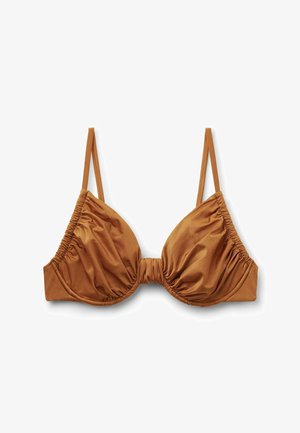 Soutien-gorge en tissu brun froncé avec armatures et fines bretelles réglables sur fond blanc.