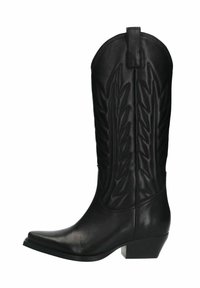 Zwarte leren cowboylaars met een puntige neus, decoratief gestikt bladpatroon en een lage gestapelde hak. Voorzien van een trekband bovenaan.