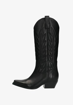 Black leather cowboy boot with a pointed toe, decorative stitched leaf pattern, and a low stacked heel. Features a pull tab at the top.