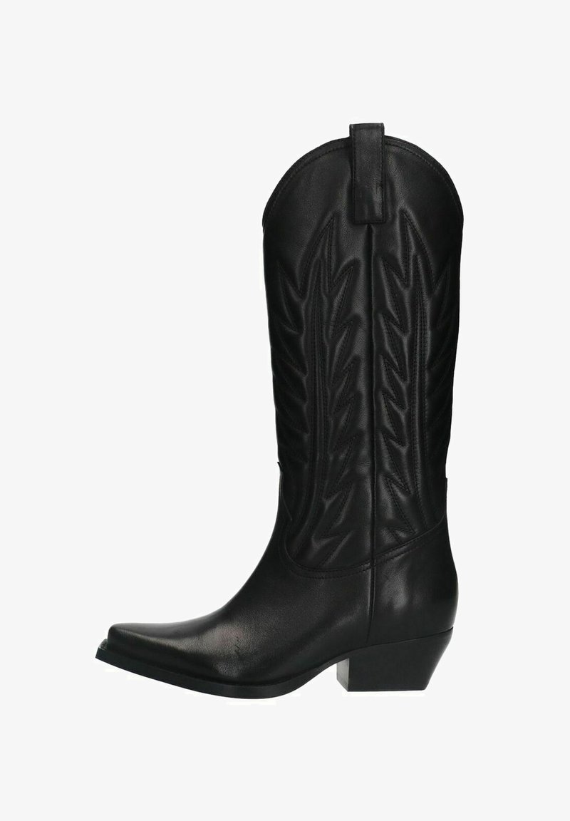 Zwarte leren cowboylaars met een puntige neus, decoratief gestikt bladpatroon en een lage gestapelde hak. Voorzien van een trekband bovenaan.