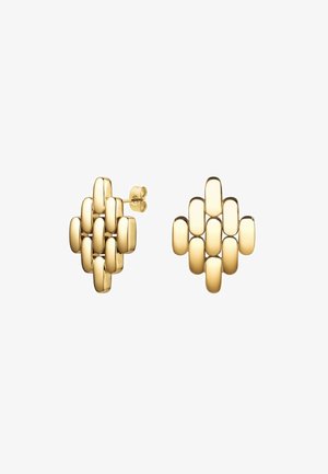 Goldfarbene Ohrringe mit einem diamantförmigen Design, das ineinander greifende ovale Glieder, eine glatte Textur und eine polierte Oberfläche aufweist.