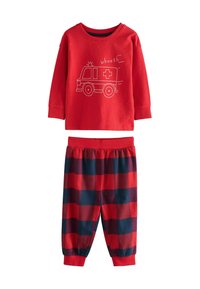 Red long-sleeve shirt with white ambulance design and text, paired with red and navy blue plaid pants featuring an elastic waistband.