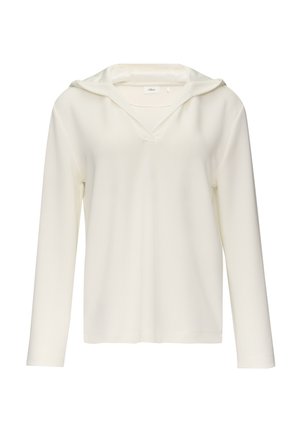 Felpa leggera a maniche lunghe in bianco sporco. Design a V con una vestibilità comoda, caratterizzata da una texture morbida e senza hardware visibile.