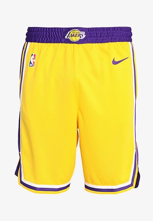 Geel basketbalshorts met paarse accenten, voorzien van een elastische tailleband, zijzakken en het logo van de Los Angeles Lakers op de voorkant.