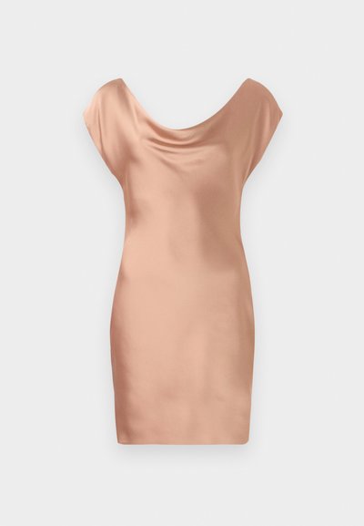 Satiinist mini kleit pehme virsiku värviga, millel on voolav ümar kaelus ja ümarad varrukad. Sile tekstuur ja kehakumerale sobiv lõige.
