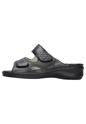 Sandalo nero in pelle con punta aperta, due cinturini regolabili in velcro e un tacco basso e sagomato per il comfort.