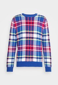 Flerfärgad rutmönstrad tröja med röda, blå och vita mönster. Ribbad blå halsringning och mudd. Mjuk textur, avslappnad crew-neck design.