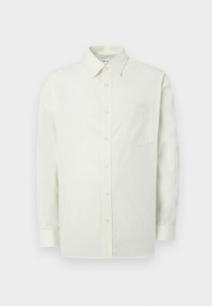 Chemise boutonnée vert clair en tissu texturé avec col, manches longues et une poche poitrine. Design classique avec des boutons à l'avant.