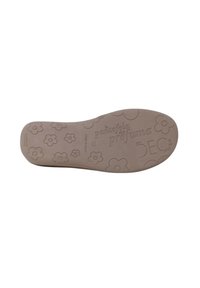 Soletta in gomma marrone con motivi floreali, testo in rilievo e indicazione della taglia '35'. Texture liscia, forma arrotondata e fabbricata in Italia.