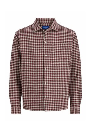 Camisa de cuadros en burdeos y crema, hecha de tela tejida, con cuello puntiagudo, cierre de botones en la parte delantera y mangas largas con un bolsillo en el pecho.