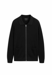 Schwarzer, gerippter Cardigan mit Reißverschluss vorne, umgeschlagenem Kragen und zwei Vorder- taschen. Hergestellt aus einem strukturierten Strickmaterial.