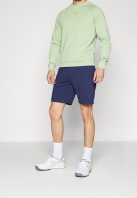 Felpa verde chiaro con polsini a coste, abbinata a pantaloni corti blu navy con un logo discreto. Il modello indossa sneakers bianche e calzini alla caviglia.