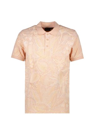 Perzikkleurig poloshirt met een bloemenpatroon, drie knopen bij de kraag, korte mouwen en een zachte stofkwaliteit.